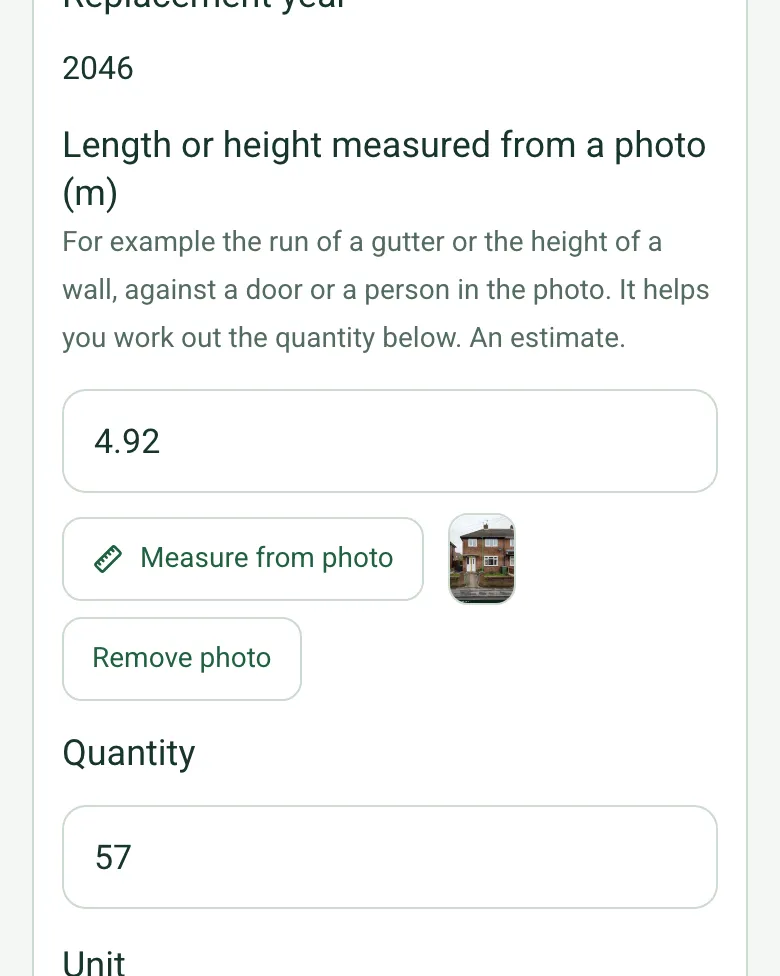 External walls element with Length or height measured from a photo 4.92 m and its measuring photo thumbnail, and a quantity of 57