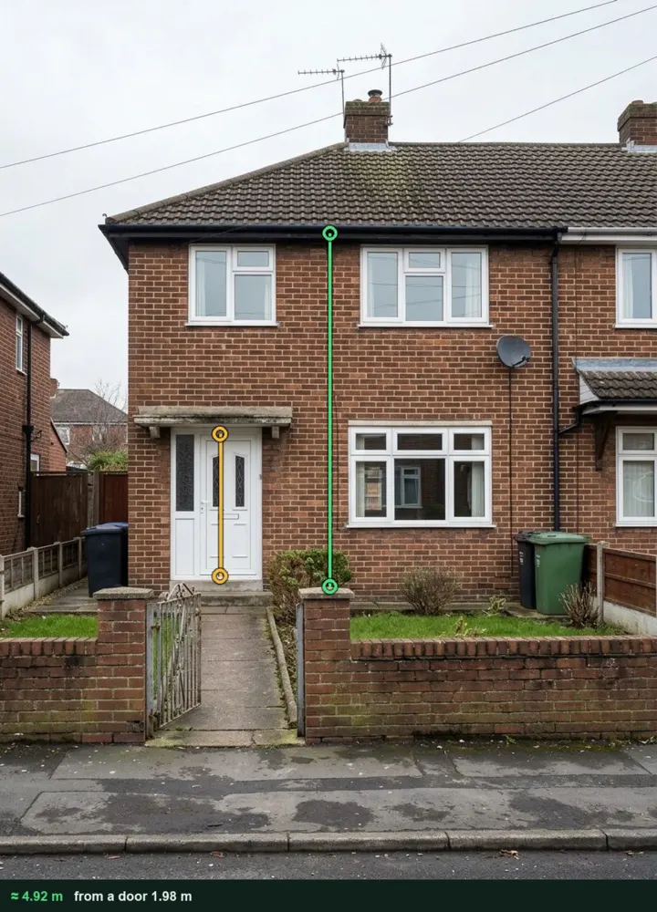 Front of a 1960s brick semi detached house measured from a photo at about 4.92 m from the ground to the eaves, against the 1.98 m front door