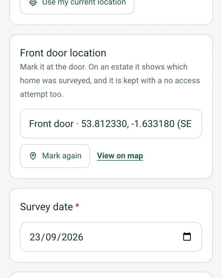 Front door location filled in by GPS with coordinates and a grid reference, with Mark again and View on map