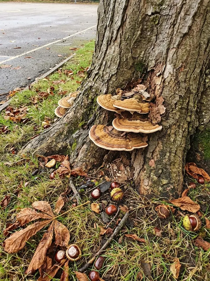 Bracket fungus fruiting bodies at the base of a horse chestnut, with conkers and fallen leaves