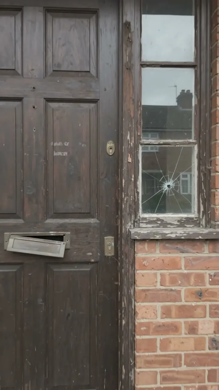 Dark wooden front door of an empty building with a cracked lower pane in the narrow window beside it