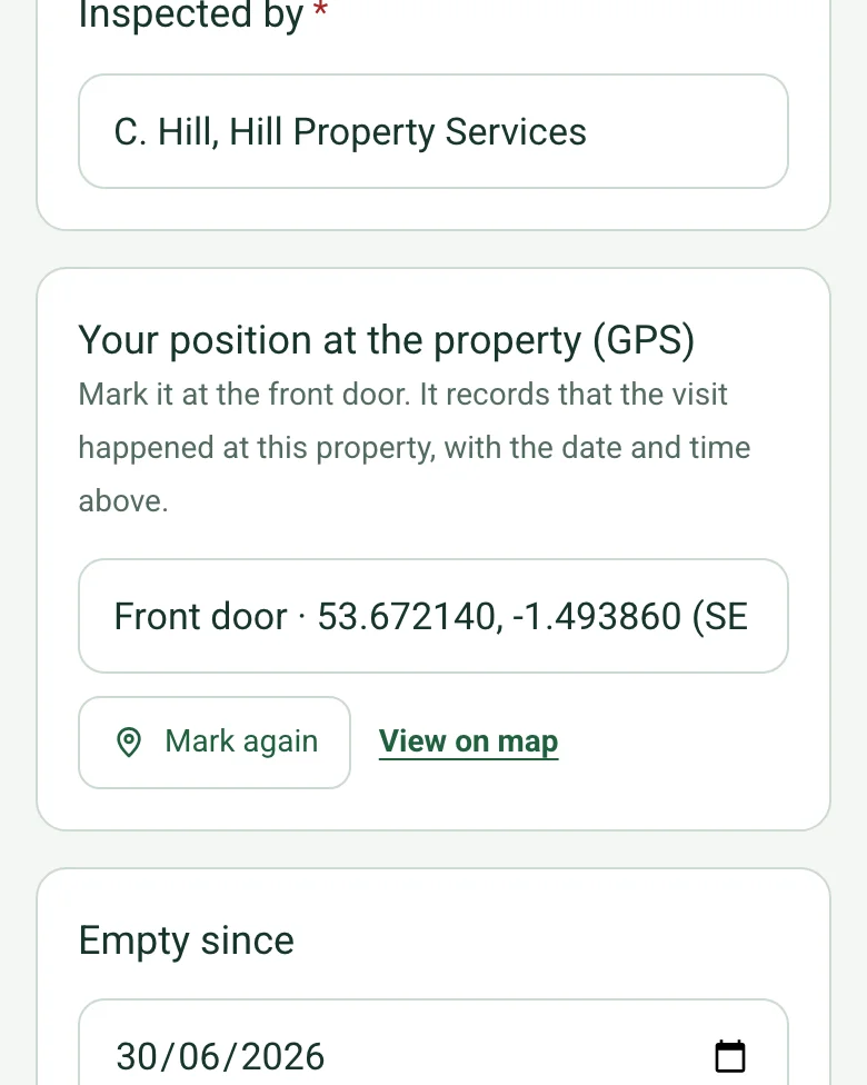 The completed unoccupied property inspection on a phone: Your position at the property (GPS) filled in at the front door, with Mark again and View on map