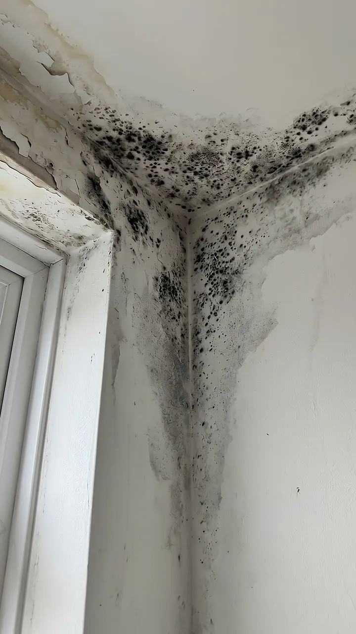 Black mould spreading from the ceiling down the wall corner beside a bedroom window