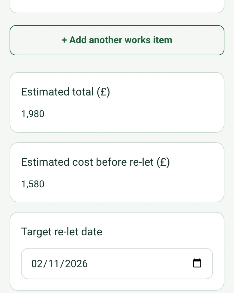 The works orders in the completed void inspection on a phone: Estimated total (£) 1,980 and Estimated cost before re-let (£) 1,580, worked out
