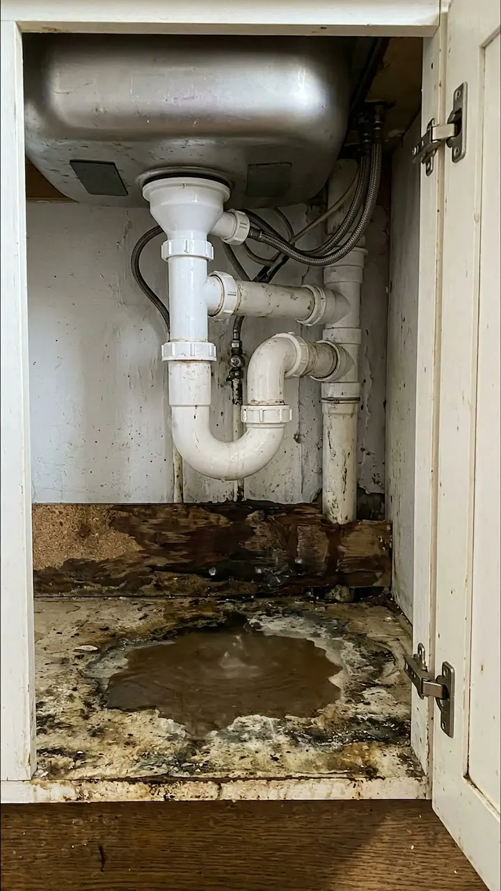 Under-sink cupboard with a plastic waste trap and a wet, broken-up cupboard base