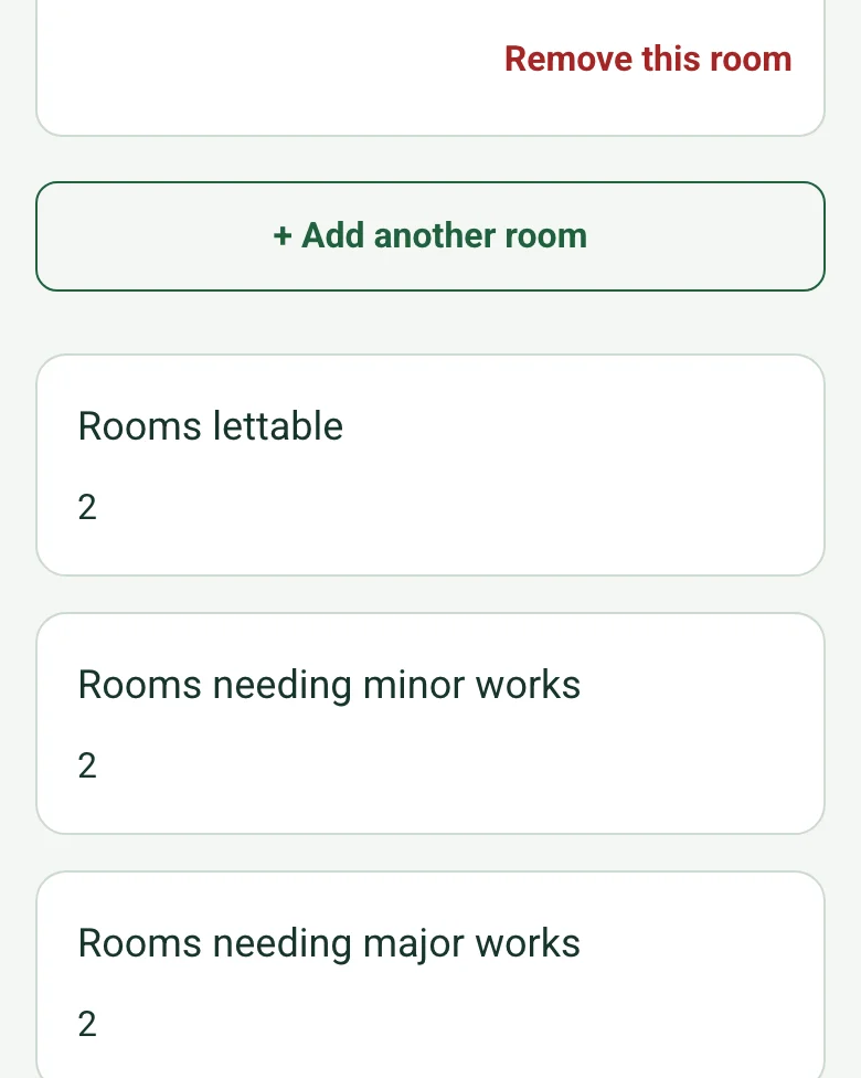 The completed void inspection on a phone: Rooms lettable 2, Rooms needing minor works 2 and Rooms needing major works 2, worked out