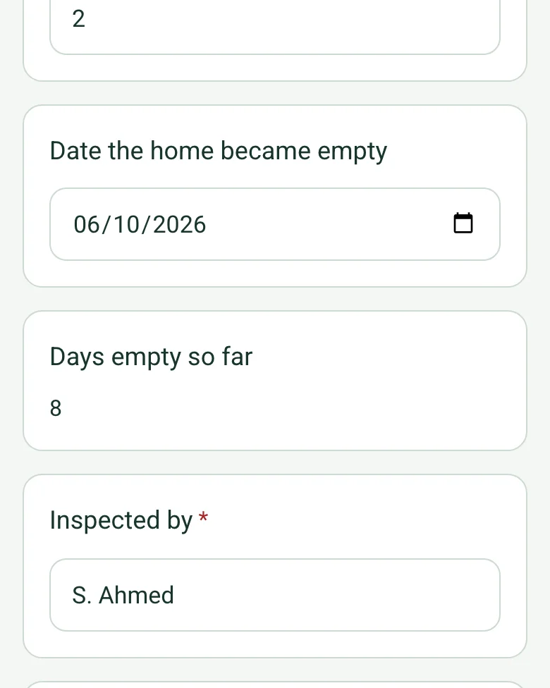 The completed void inspection on a phone: the date the home became empty, 06/10/2026, and Days empty so far 8, worked out