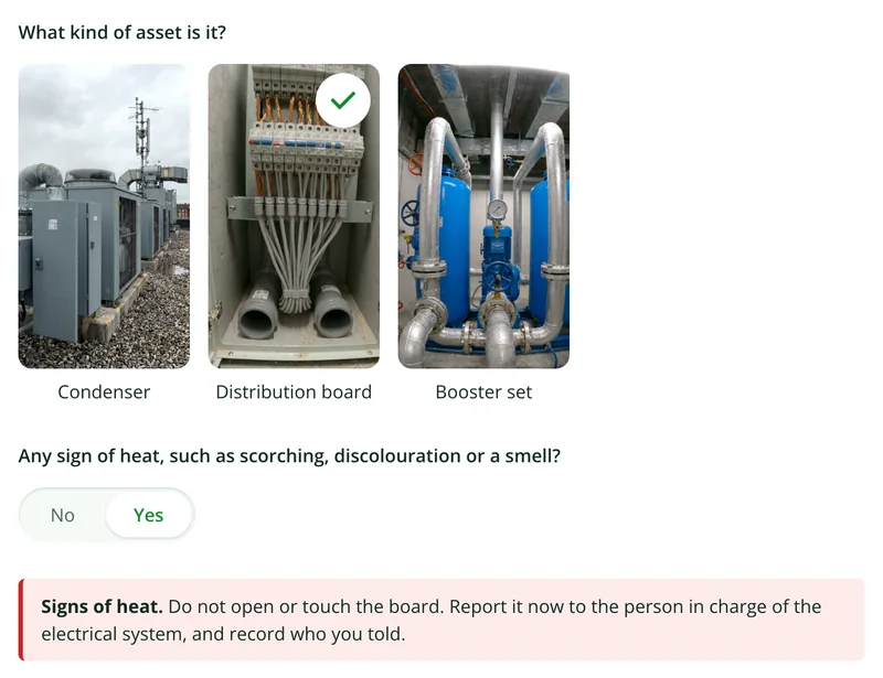 A picture choice in the asset inspection form showing a condenser, a distribution board and a booster set, with a red notice about signs of heat