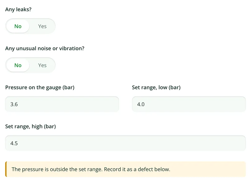 Booster set readings in the asset inspection form with a warning that the pressure is outside the set range