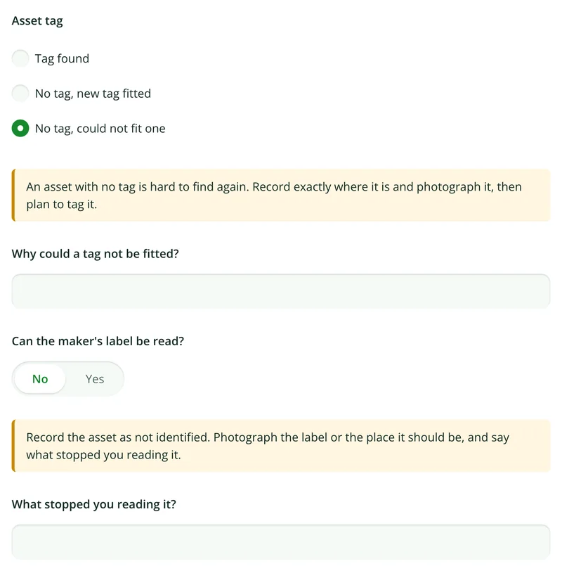 The asset register form showing follow-up questions and notices after an asset is recorded with no tag and a label that cannot be read