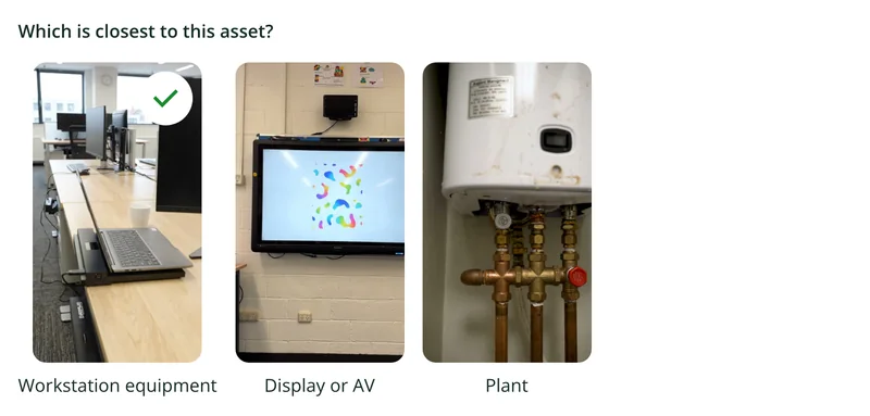 A picture choice in the asset register form with reference photos of workstation equipment, a display and a water heater