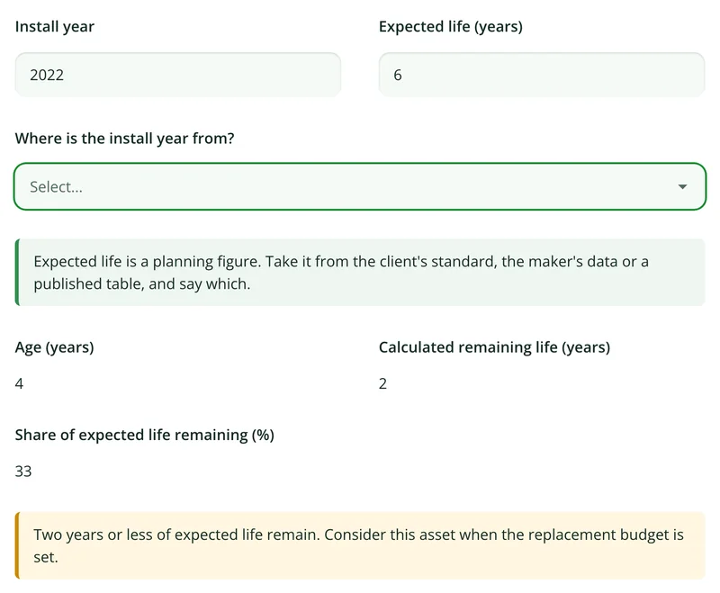 Install year and expected life in the asset register form with calculated age, remaining life and a notice that two years or less remain