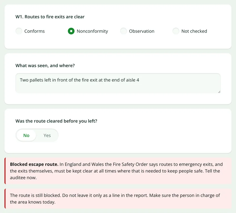The audit form showing follow-up questions and two red notices after an escape route is marked as a nonconformity