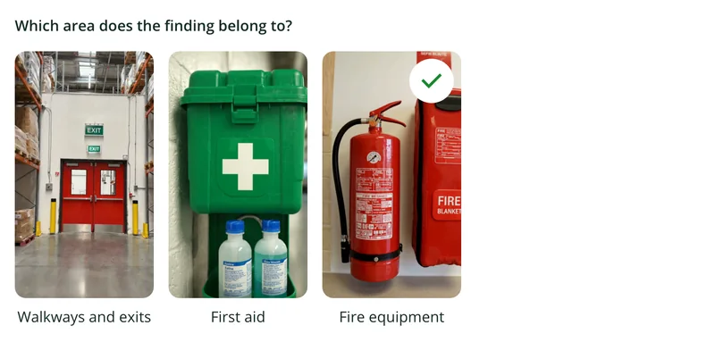 A picture choice in the audit form with reference photos of a fire exit, a first aid box and a fire extinguisher