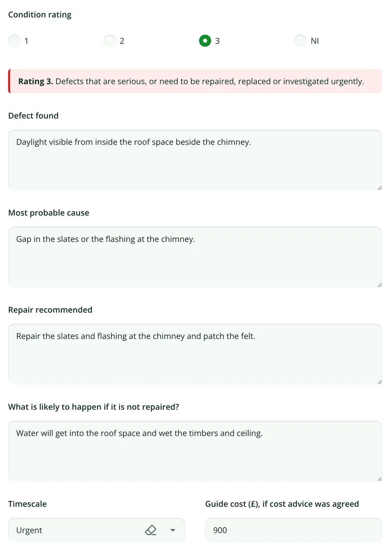 The building survey form showing a rating 3 notice and follow-up questions on the defect, cause, repair and timescale