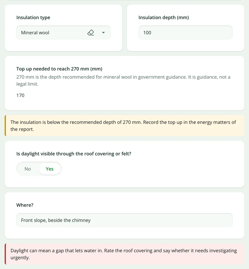 Roof space questions in the building survey form with a calculated insulation top up and warnings about depth and daylight