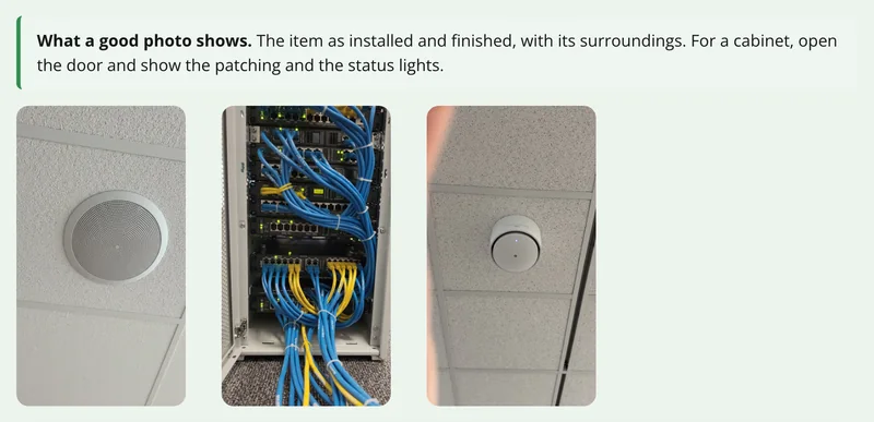 Three reference photos in the commissioning form: a ceiling speaker, a patched network cabinet and a wireless access point