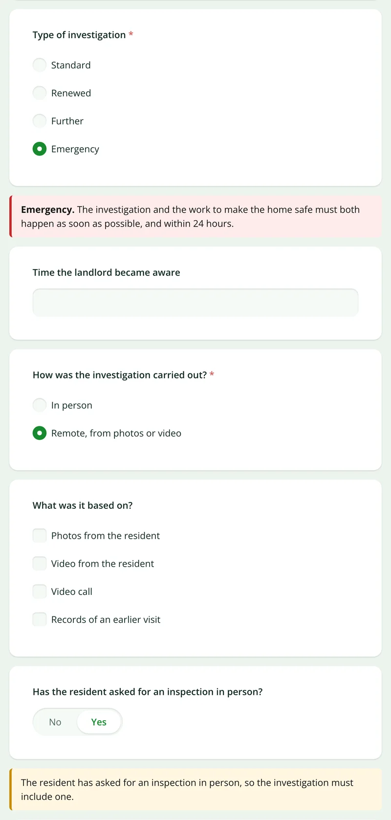 The damp and mould form showing an emergency notice and follow-up questions after the investigation type is chosen