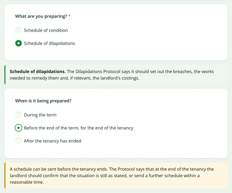 The form after schedule of dilapidations is chosen, showing a follow-up question about timing and a notice about schedules sent before the tenancy ends