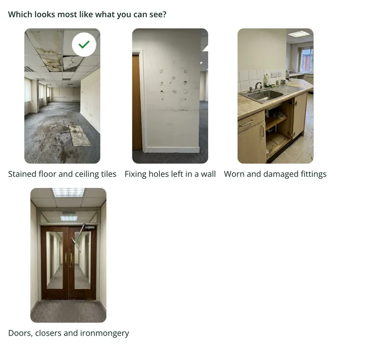 A picture choice in the form with four reference photos: stained tiles, fixing holes in a wall, worn kitchen fittings and corridor fire doors