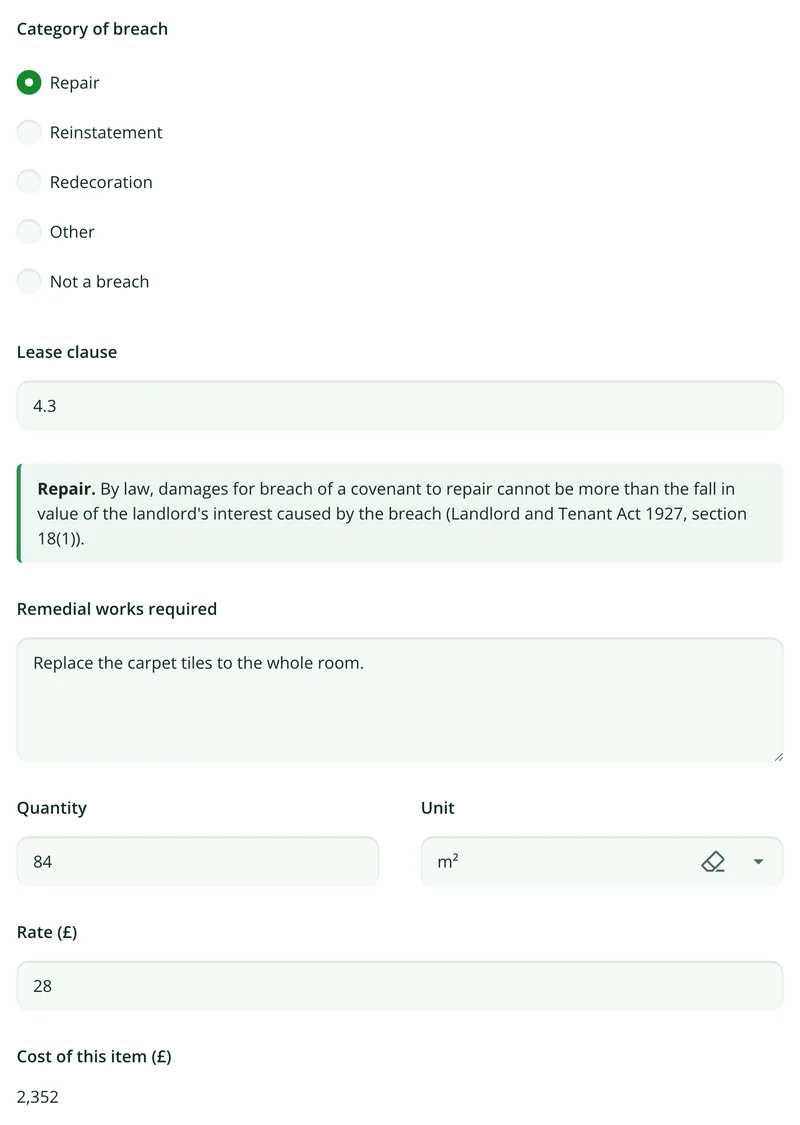 An item marked as repair, with the lease clause, a notice about the limit on damages, and a cost worked out from quantity and rate