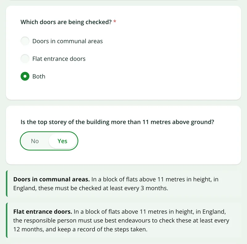 The fire door form showing the 3 month and 12 month check rules after the doors and building height are chosen