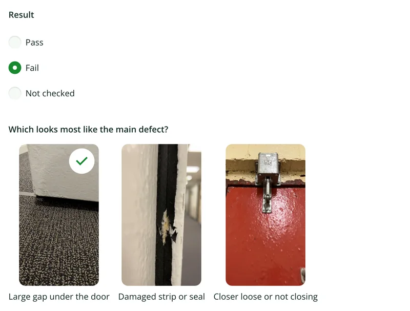 A picture choice in the fire door form with three reference photos: a gap under a door, a damaged seal and a door closer