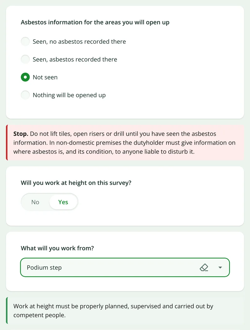 The IT site survey form showing a stop notice after the asbestos information is marked as not seen, and follow-up questions about work at height