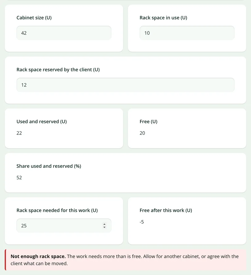 Rack space fields in the IT site survey form with calculated free space and a warning that there is not enough room