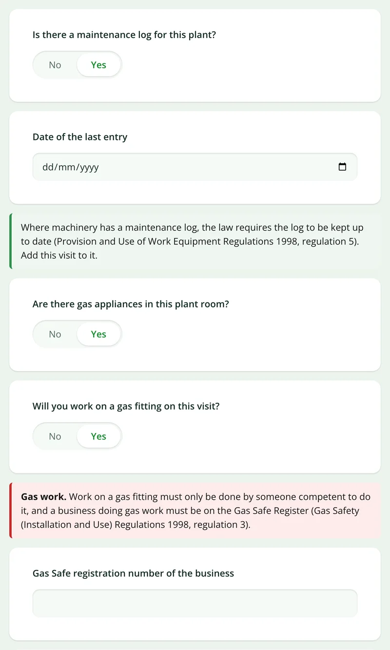 The PPM form showing a gas work notice and a registration number question after the engineer answers yes to working on a gas fitting