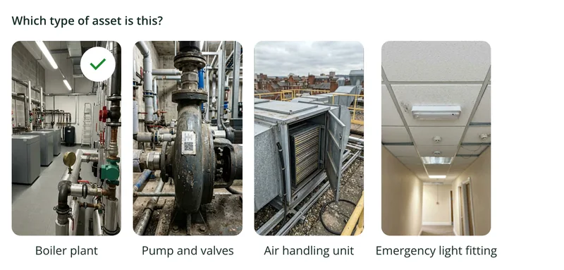 A picture choice in the PPM form with four reference photos: boiler plant, a pump, an air handling unit and an emergency light fitting