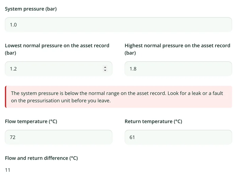 Readings in the PPM form with a low pressure warning and a calculated difference between flow and return temperature