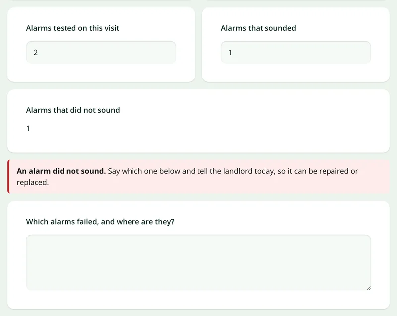 The alarm count in the property inspection form, with a calculated number of alarms that did not sound and a red warning