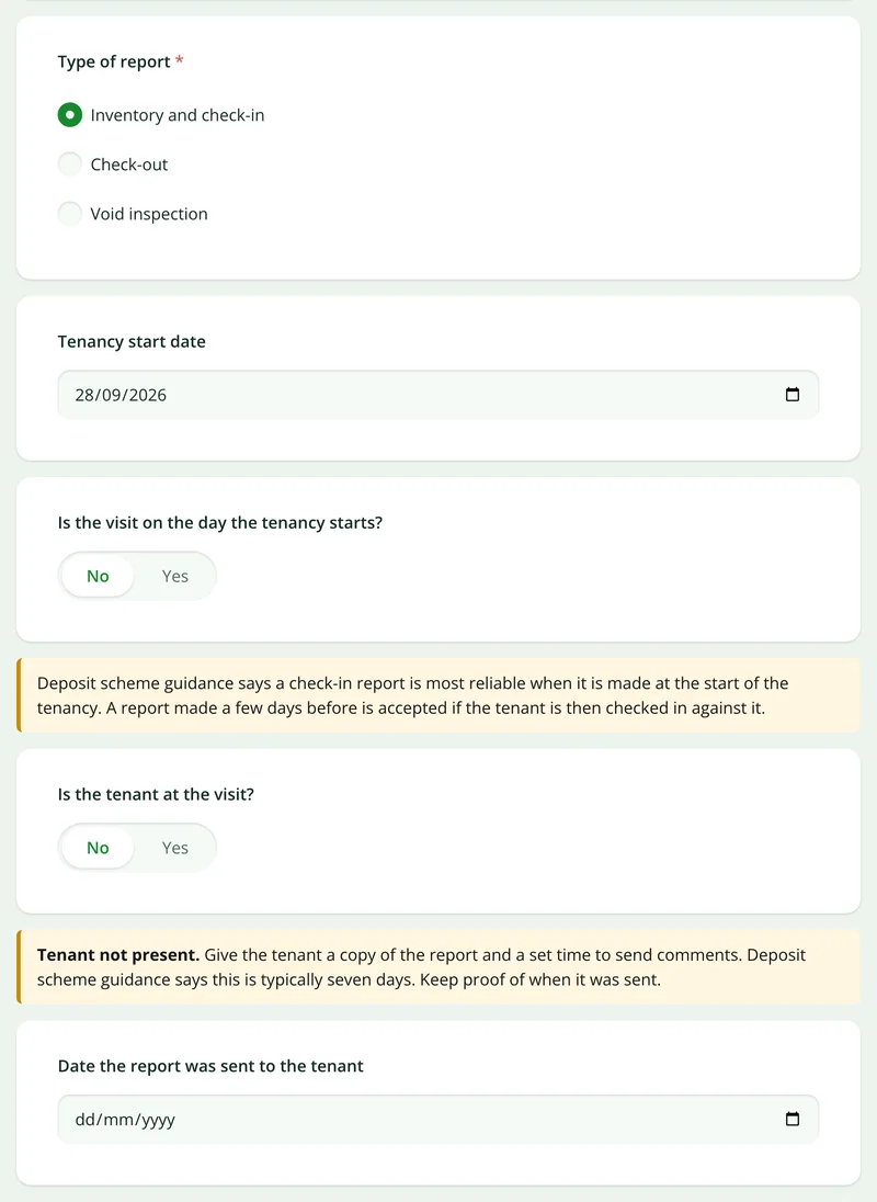 The inventory form showing check-in chosen, with notices about the visit date and a tenant who is not present