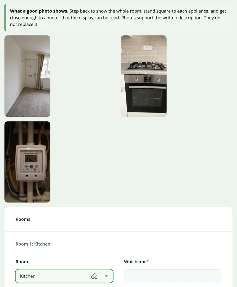 Three reference photos in the inventory form, of a living room, an oven and hob, and an electricity meter, above the first room record
