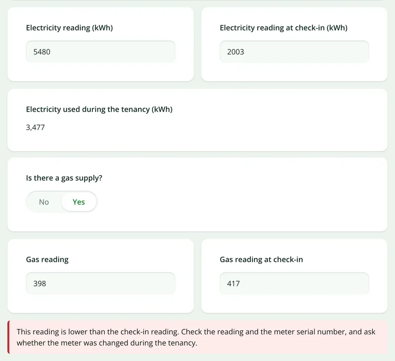 Meter readings in the inventory form at check-out, with electricity used worked out and a warning about a gas reading lower than at check-in