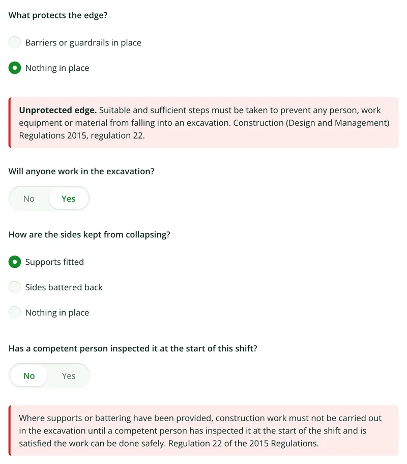 The risk assessment form showing excavation questions and two red notices after the hazard type is set to excavation