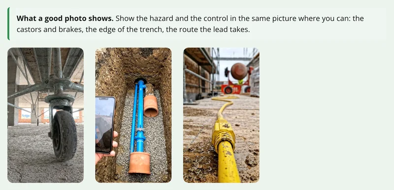 Three reference photos in the risk assessment form: a tower castor, an open trench and a lead across a walkway