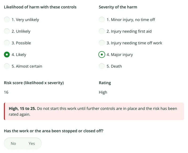 Likelihood and severity both set to 4 in the risk assessment form, with a calculated score of 16 and a high risk notice