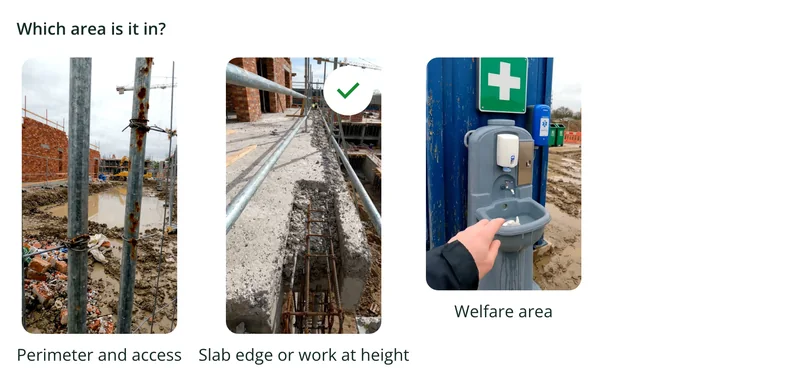 A picture choice in the site safety inspection form with three reference photos: perimeter fence, slab edge and welfare area