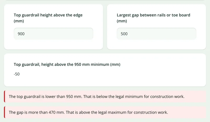 Guardrail measurements in the site safety inspection form with a calculated difference from the 950 mm minimum and two red warnings