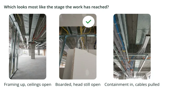 A picture choice in the site inspection form with three reference photos of a fit-out at different stages