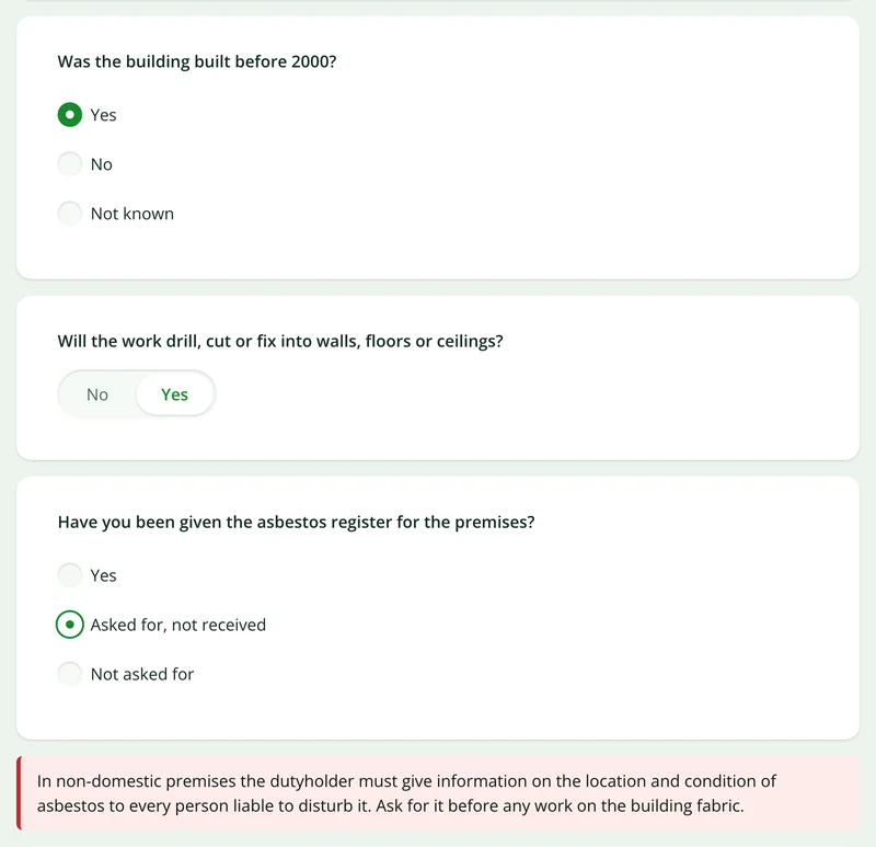 The site survey form asking about the asbestos register for a building built before 2000, with a red notice because the register has not been received