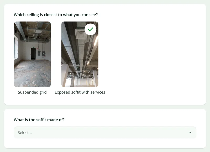 A picture choice in the site survey form with two reference photos of ceilings, and a follow-up question about the soffit