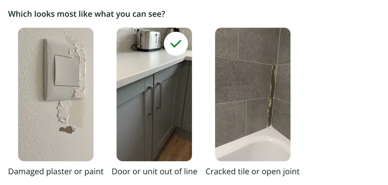 A picture choice in the snagging form with three reference photos: damaged plaster, a unit door out of line and a cracked tile