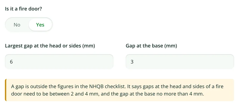 Fire door gap measurements in the snagging form with a warning that a gap is outside the figures in the NHQB checklist