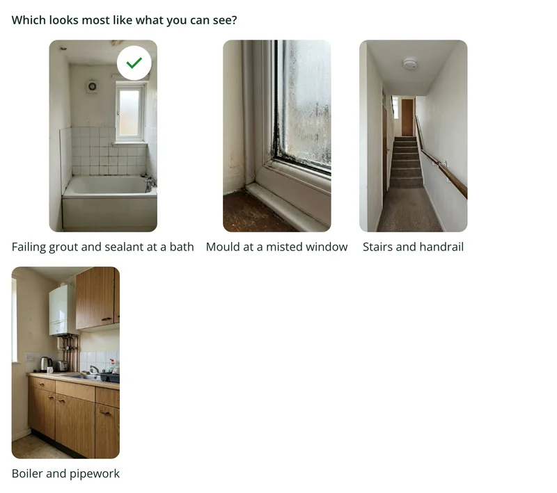 A picture choice in the stock condition survey form with four reference photos of a bathroom, a window, stairs and a boiler