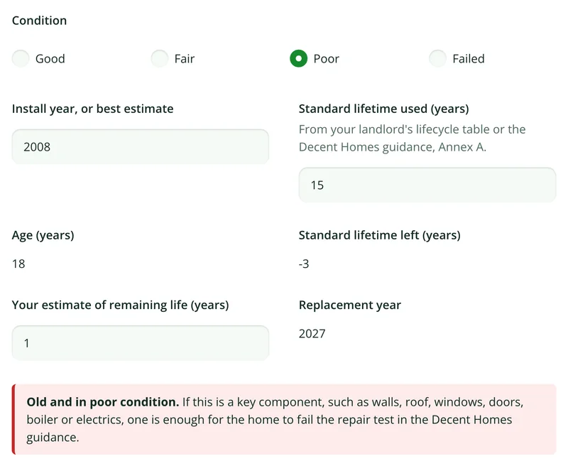 An element record in the stock condition survey form with a calculated age, lifetime left and replacement year, and a warning that it is old and in poor condition