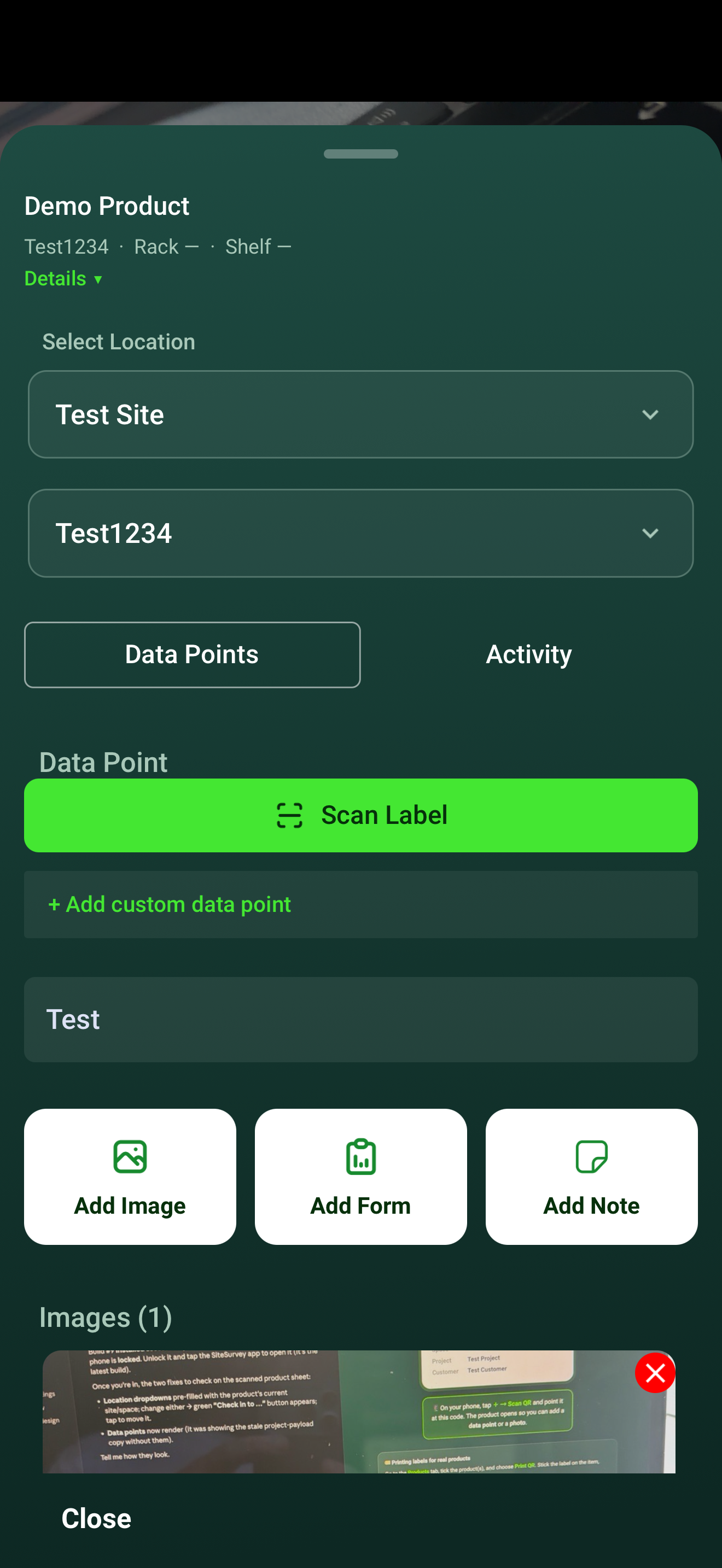 SiteSurvey mobile product record with the Scan Label action and captured data points