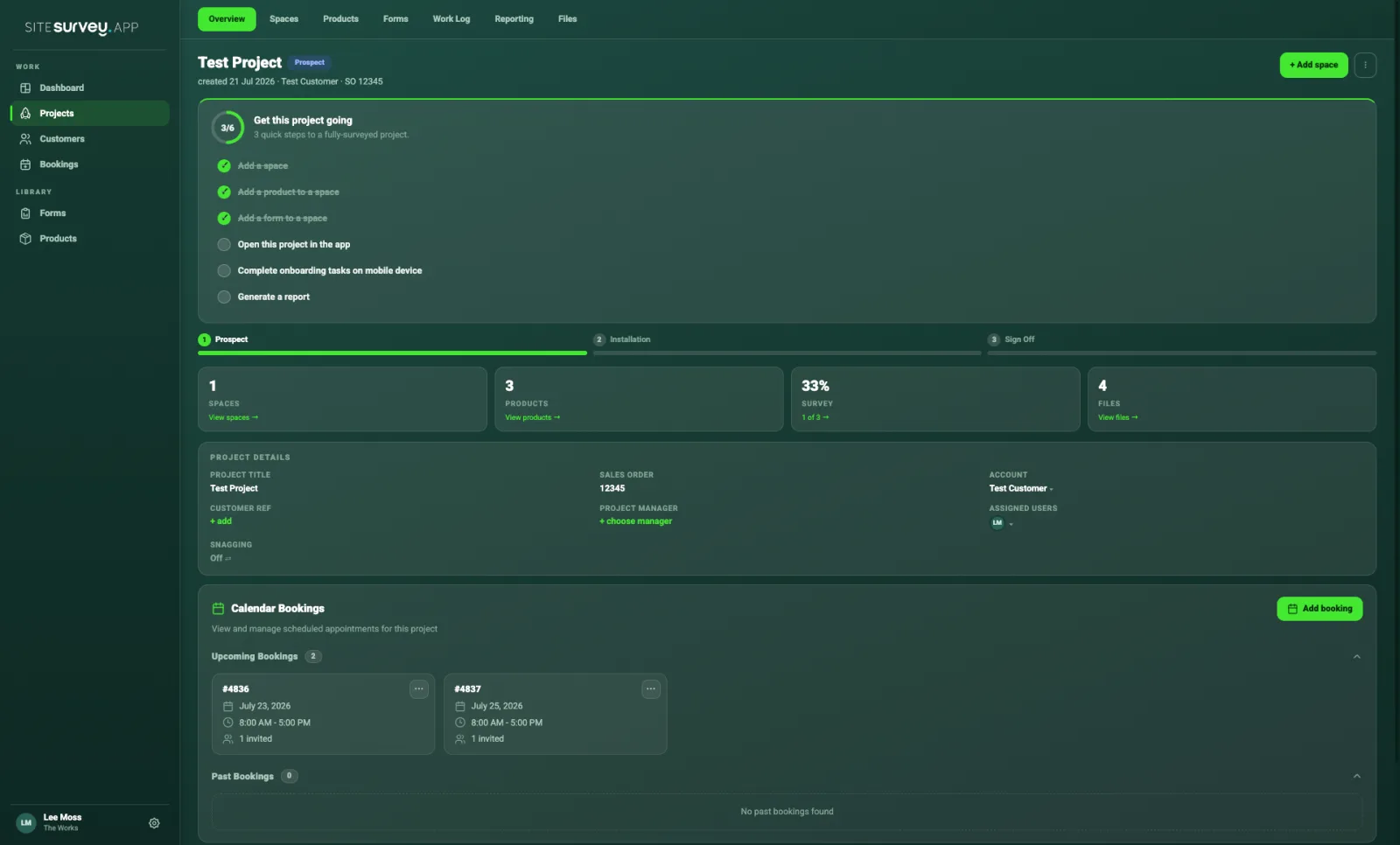 SiteSurvey project overview showing spaces, products, survey progress and files